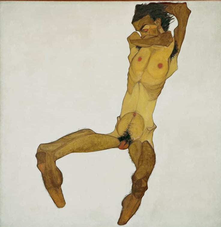 Sitzender Männerakt in Gelb mit angewinkelten Beinen vor hellem Grund – Egon Schiele Sitzender Männerakt Kunstkopie