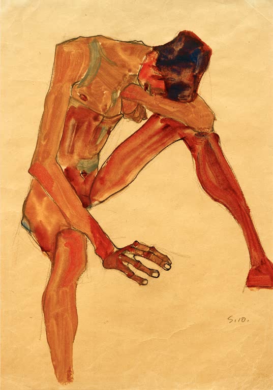 Nach vorn gebeugter Männerakt in warmen Orange- und Rottönen – Egon Schiele Sitzender Männerakt Kunstkopie