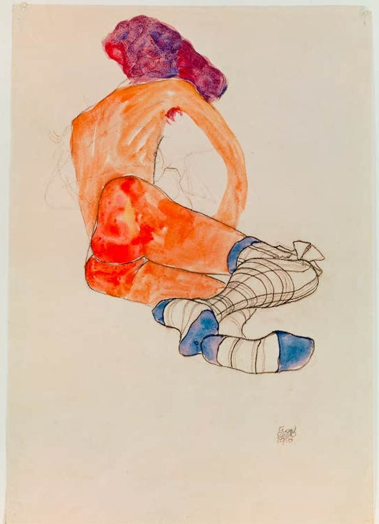 Frau mit violettem Haar und blau gestreiften Strümpfen von hinten – Egon Schiele Sitzender weiblicher Akt Kunstkopie
