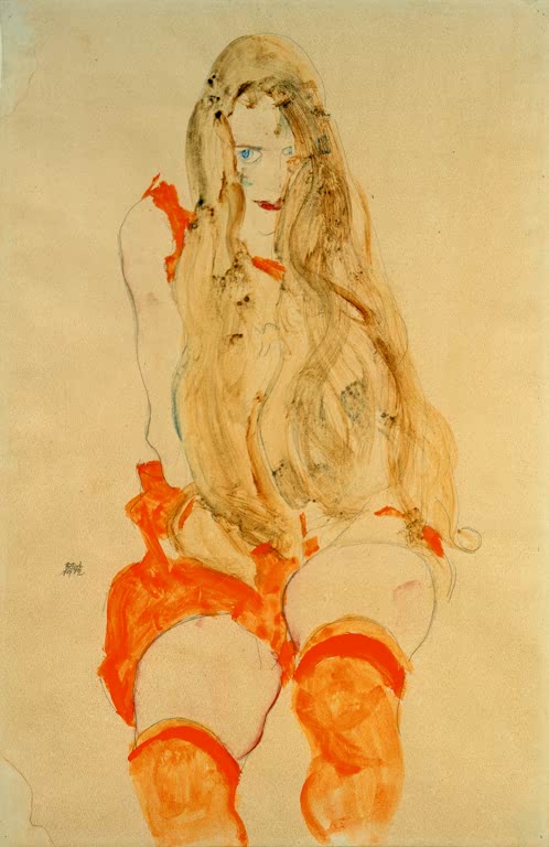 Egon Schiele Sitzendes Mädchen Kunstkopie, junge Frau mit langem Haar und orangefarbenen Strümpfen in Aquarell