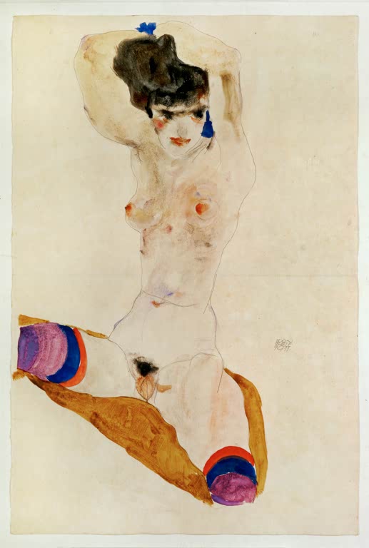 Mädchen mit über dem Kopf verschränkten Armen, bunte Strümpfe – Egon Schiele Sitzendes nacktes Mädchen Kunstkopie