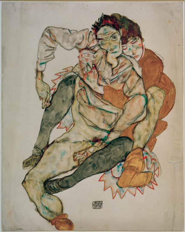 Sitzendes Paar eng umschlungen in grünlichen und braunen Tönen – Egon Schiele Sitzendes Paar Kunstkopie