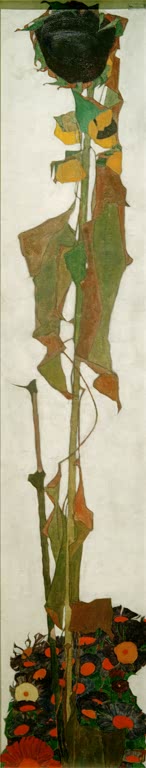 Hohe, schmale Sonnenblume mit dunkler Blüte über bunten Blumen – Egon Schiele Sonnenblume II Kunstkopie