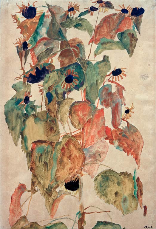Sonnenblumen mit großen grünen und roten Blättern, aquarelliert – Egon Schiele Sonnenblumen Kunstkopie