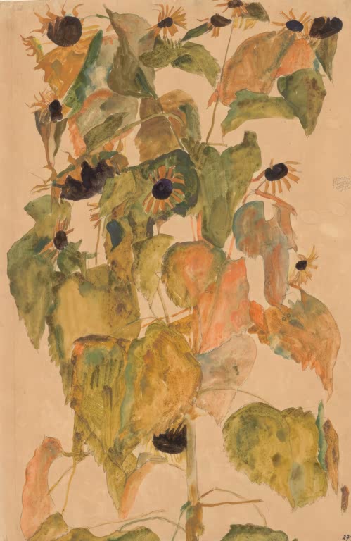 Hohe Sonnenblumenpflanze mit herbstlich gelbgrünen und orangen Blättern – Egon Schiele Sonnenblumen Kunstkopie