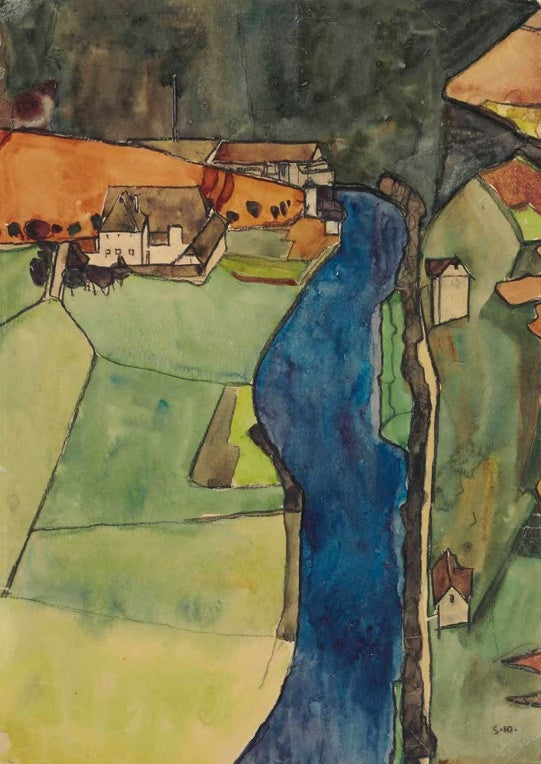 Grüne Felder, Häuser mit roten Dächern und ein blauer Fluss – Egon Schiele Stadt an der blauen Donau Kunstkopie