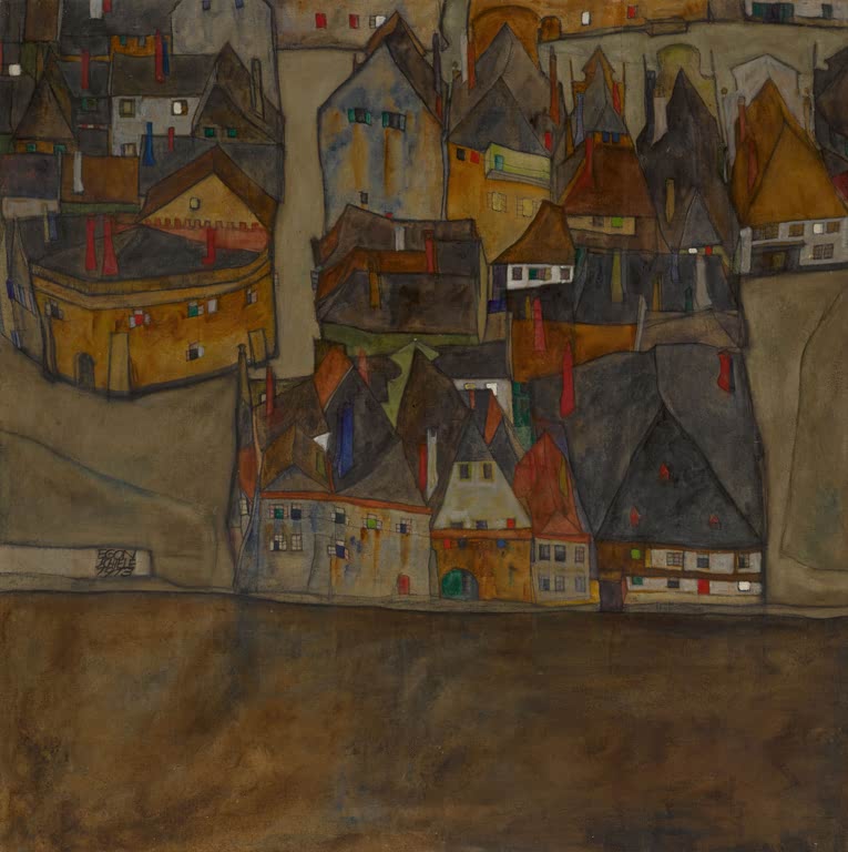 Häuserreihe mit Giebeldächern über dunklem Wasser in der Dämmerung – Egon Schiele Stadt in der Dämmerung Kunstkopie