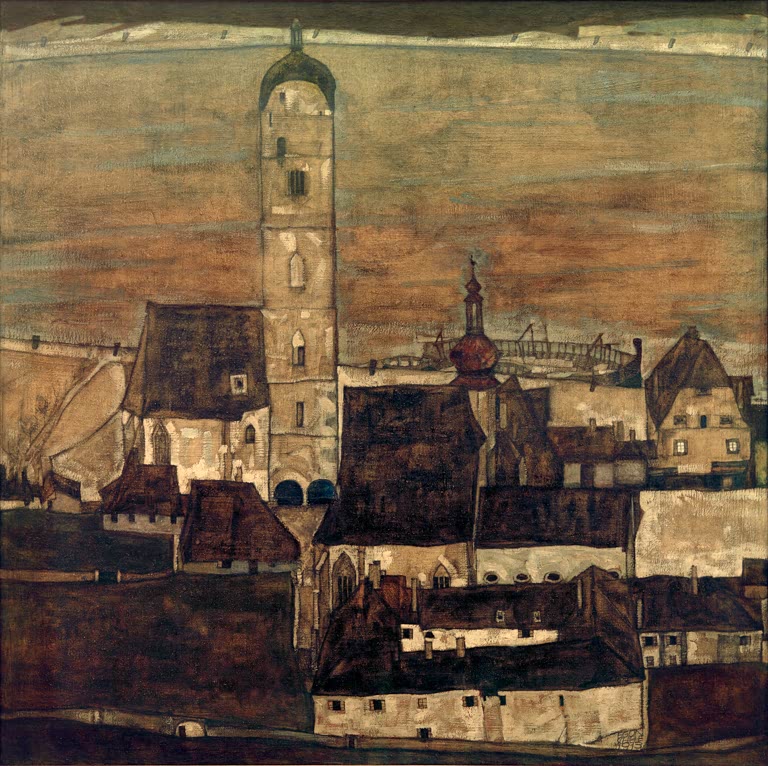 Mittelalterliche Stadt mit Kirchturm und dunklen Dächern unter bräunlichem Himmel – Egon Schiele Stadt Stein II Kunstkopie