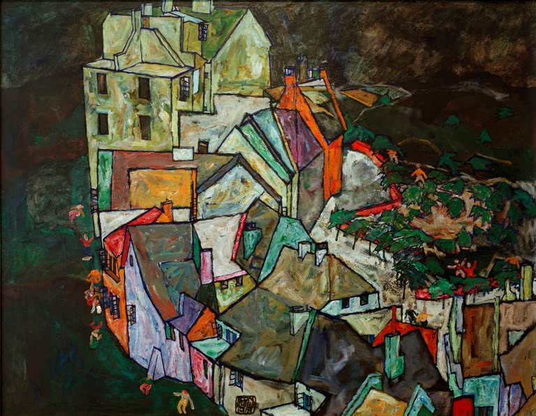Kleinstadt mit Häusern in bunten Farben, aus der Höhe gesehen – Egon Schiele Stadtende (Krumau Häuserbogen III) Kunstkopie