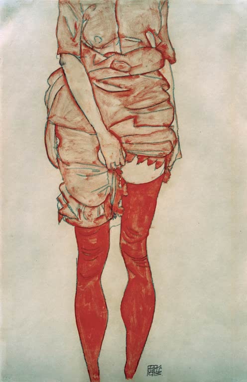 Stehende Frau in hellem Hemd mit roten Strümpfen vor blassem Grund – Egon Schiele Stehende Frau in Rot Kunstkopie