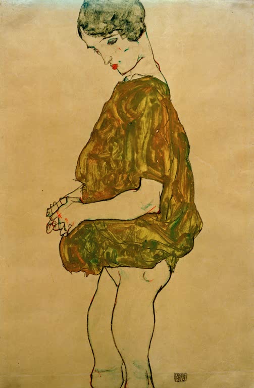 Stehende Frau in grünem Hemd, Hände gefaltet, Kopf gesenkt – Egon Schiele Stehende mit gefalteten Händen Kunstkopie