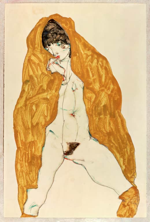 Akt in einem gelbbraunen Umhang, die Beine gespreizt – Egon Schiele Stehender Akt mit gespreizten Beinen Kunstkopie