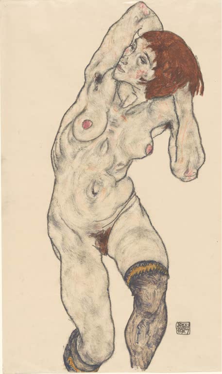 Egon Schiele Stehender Akt mit schwarzem Strumpf Kunstkopie, rothaarige Figur mit erhobenen Armen und gestreiftem Strumpf