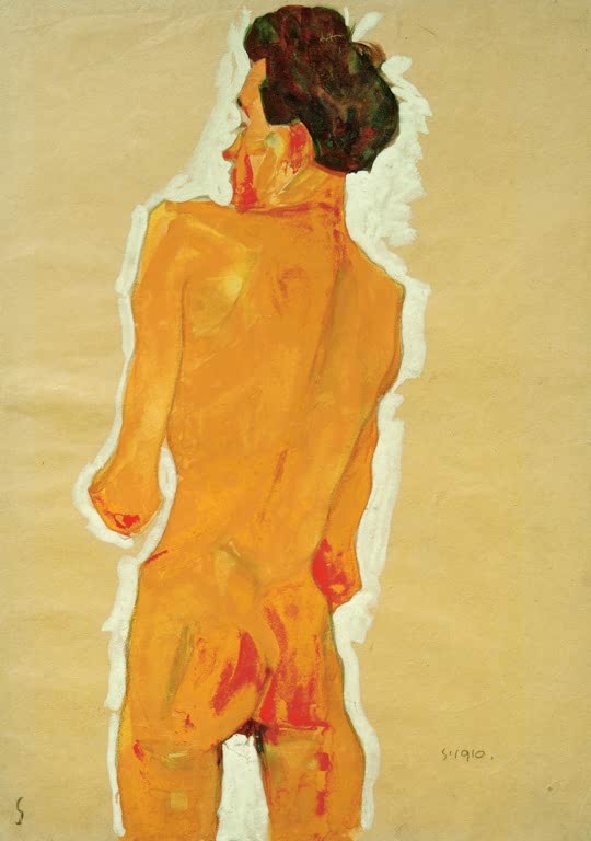 Männlicher Rückenakt in leuchtendem Orange mit weißer Umrandung – Egon Schiele Stehender männlicher Rückenakt Kunstkopie