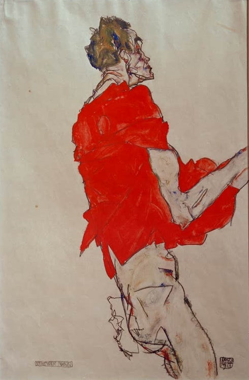 Stehender Mann in rotem Hemd mit gesenktem Blick auf hellem Papier – Egon Schiele Stehender Mann mit rotem Tuch Kunstkopie