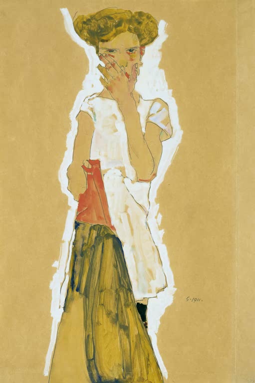 Stehendes Mädchen mit blonder Frisur in weißem Unterrock und olivgrünem Rock – Egon Schiele Stehendes Mädchen Kunstkopie