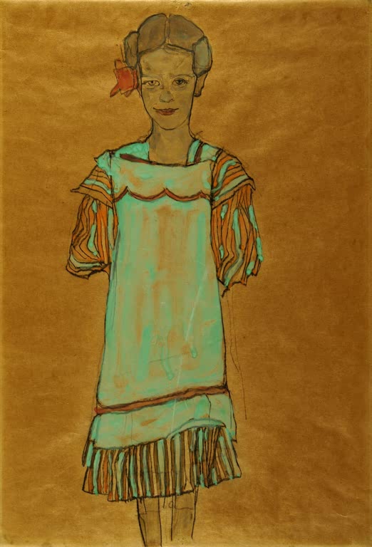 Mädchen im grünen Kleid mit roter Haarschleife vor Gold – Egon Schiele Stehendes Mädchen mit grünem Kleid Kunstkopie