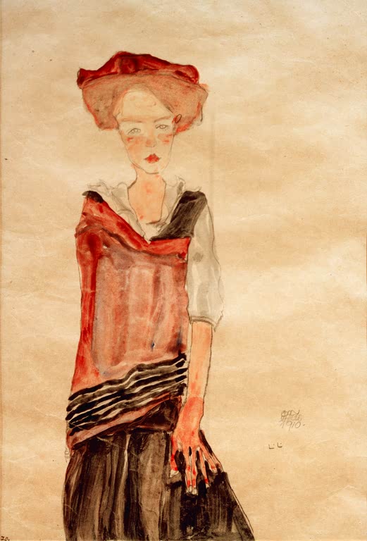 Egon Schiele Stehendes Mädchen Kunstkopie, junges Mädchen mit rotem Hut und rotem Schaltuch in Aquarelltechnik
