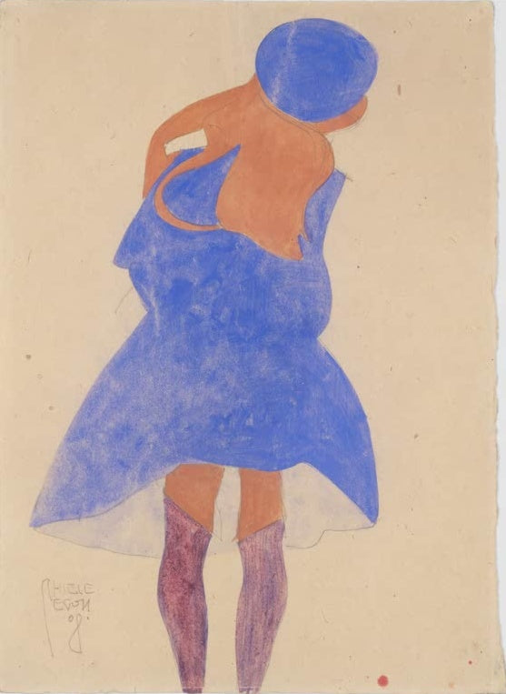 Mädchen in blauem Kleid mit violetten Strümpfen von hinten – Egon Schiele Stehendes Mädchen, Rückenansicht Kunstkopie