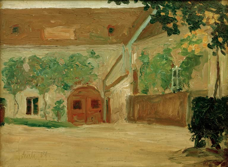 Hof mit rotem Tor und grünen Bäumen vor einem Gebäude – Egon Schiele Stiftstischlerei Kunstkopie