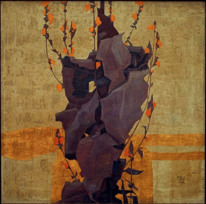 Violette Blumen mit roten Blüten vor goldenem ornamentalem Grund – Egon Schiele Stilisierte Blumen Kunstkopie