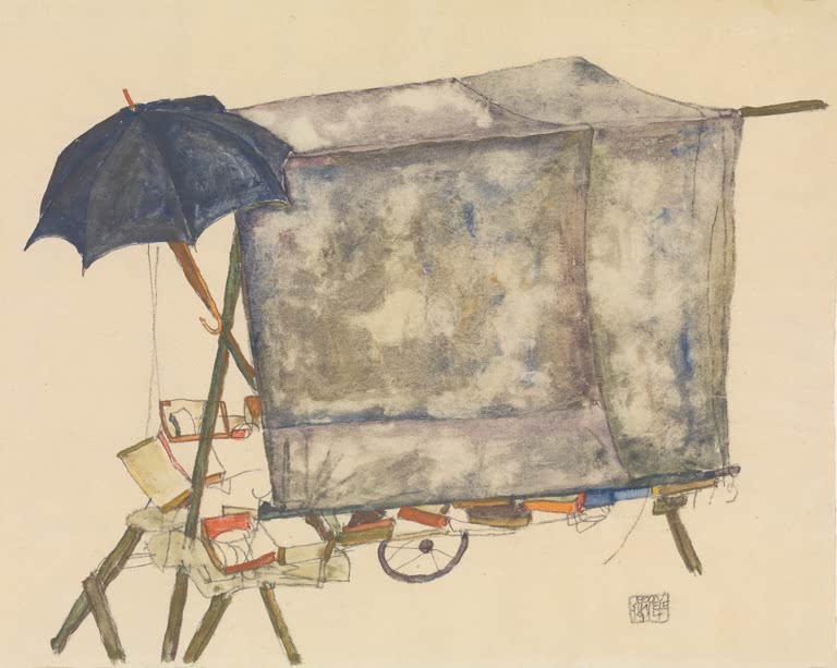 Marktkarren mit grauer Plane und blauem Schirm auf cremefarbenem Grund – Egon Schiele Straßenkarren Kunstkopie