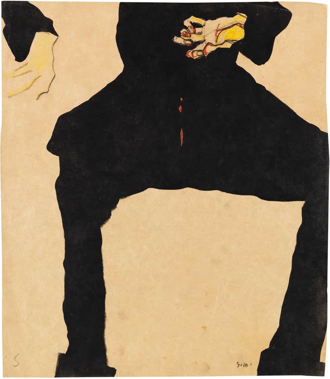 Schwarz gekleidete sitzende Gestalt auf beigem Papier – Egon Schiele Studie eines sitzenden Mannes Kunstkopie