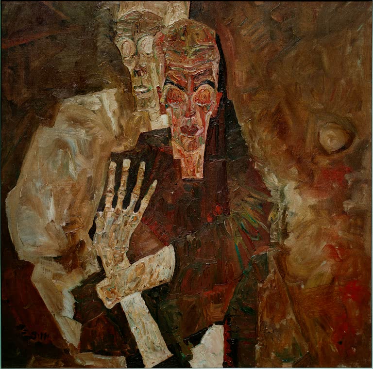 Zwei Männer in dunklen Gewändern, der vordere mit gespreizter Hand – Egon Schiele Tod und Mann Kunstkopie