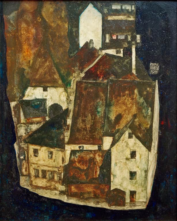Dicht gedrängte Häuser mit hellen Fassaden vor dunkelblauem Himmel – Egon Schiele Tote Stadt (III) Kunstkopie