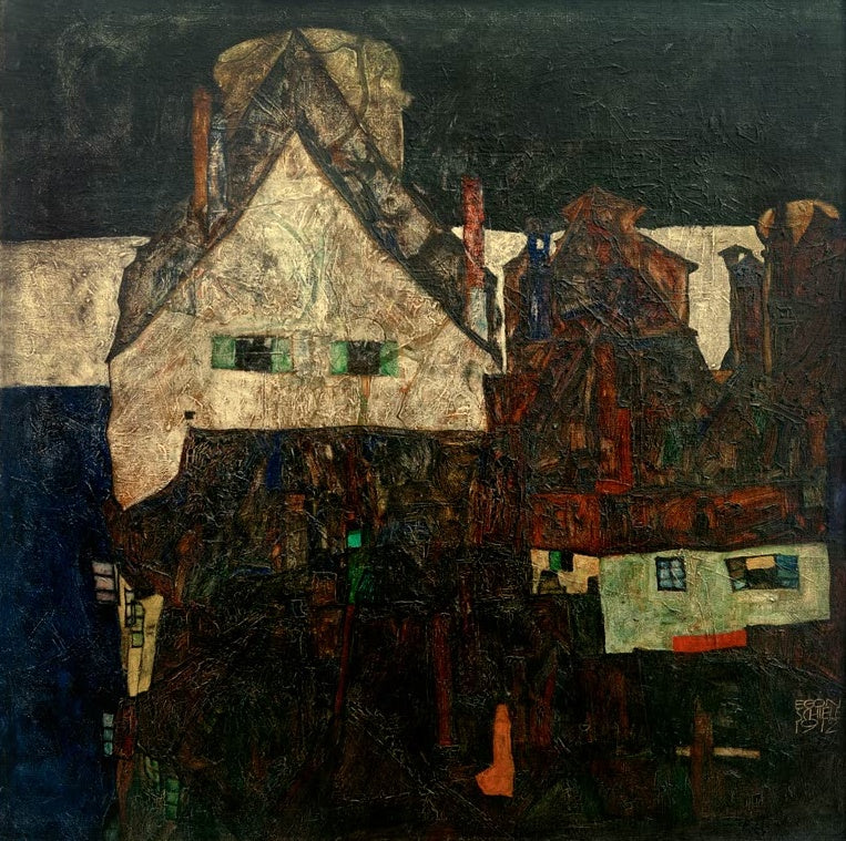 Dunkle Häuser mit hellem Giebel bei Nacht, mit Gold und Grün gehöht – Egon Schiele Tote Stadt Kunstkopie