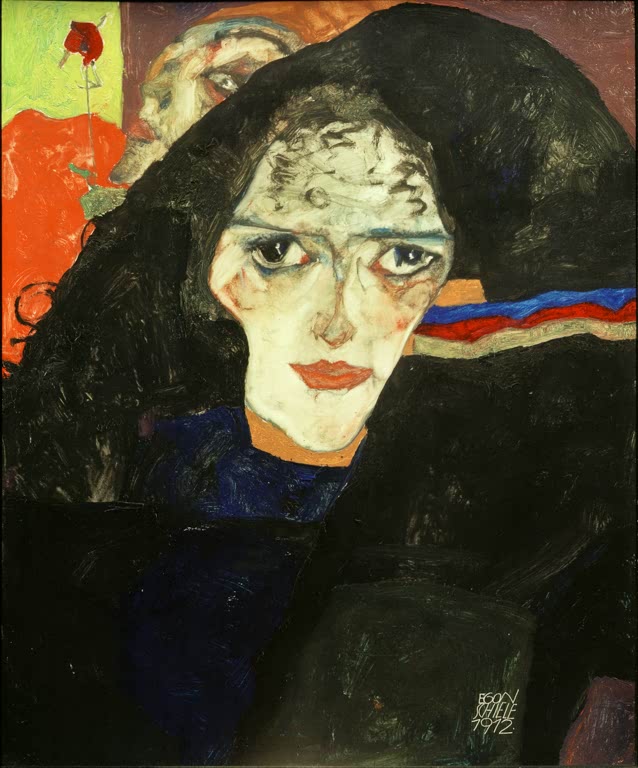 Frau mit schwarzem Schleier und blassem Gesicht vor rotem Grund – Egon Schiele Trauernde Frau Kunstkopie