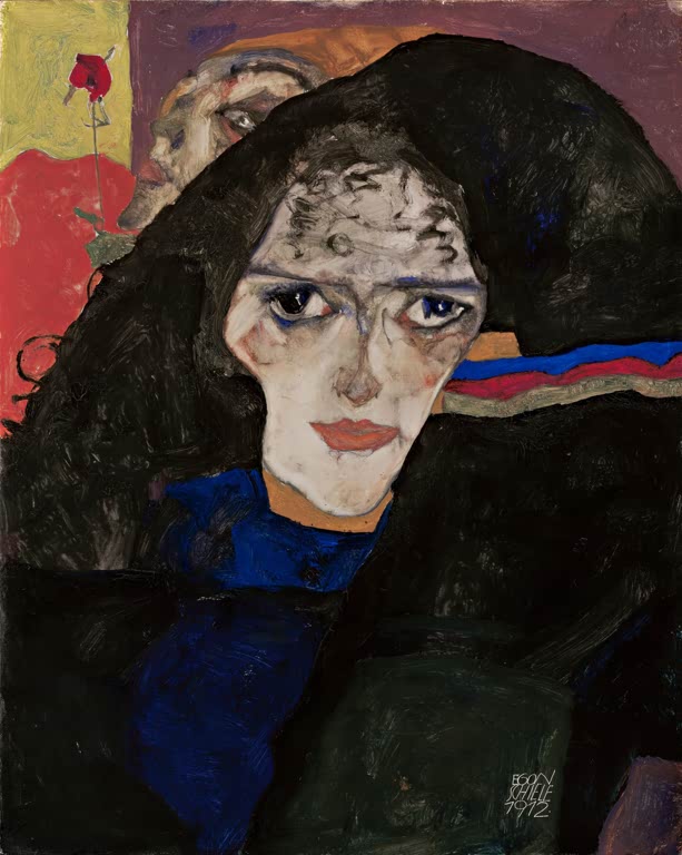 Trauernde Frau mit schwarzem Tuch und blauem Kleid vor farbigem Hintergrund – Egon Schiele Trauernde Frau Kunstkopie