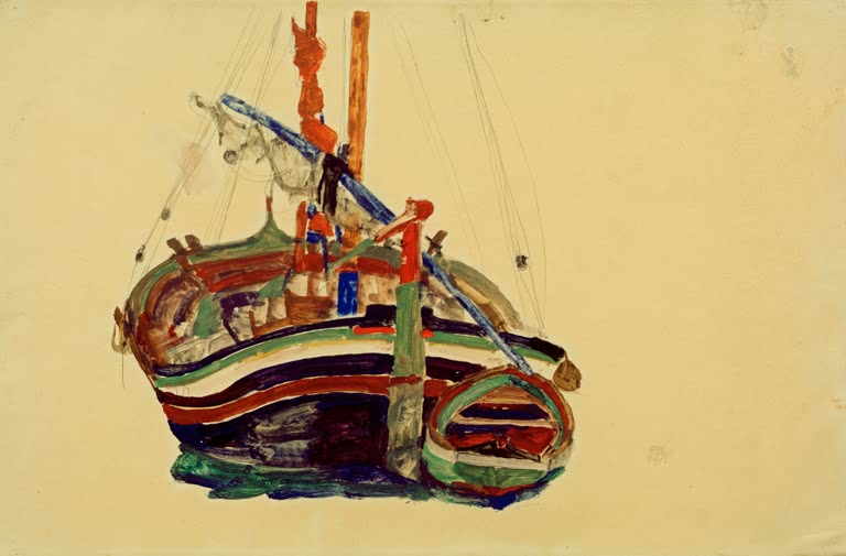 Triestiner Fischerboot mit bunten Streifen und Mast auf gelbem Papier – Egon Schiele Triestiner Fischerboot Kunstkopie