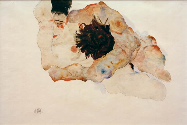 Eng verschlungene Figuren in zarten Rosa- und Orangetönen auf hellem Papier – Egon Schiele Umarmung Kunstkopie
