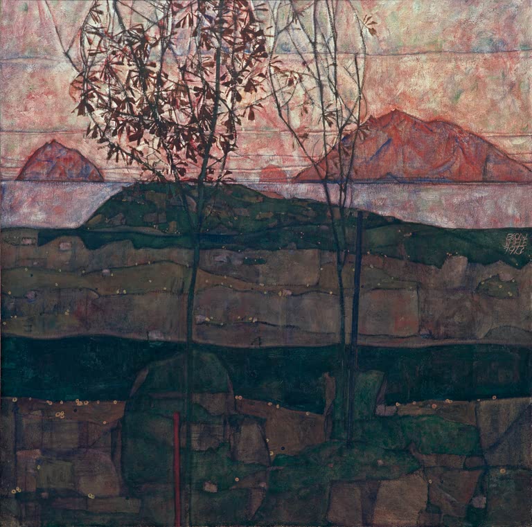 Untergehende Sonne hinter kahlen Bäumen vor rosa Himmel und dunklen Hügeln – Egon Schiele Versinkende Sonne Kunstkopie