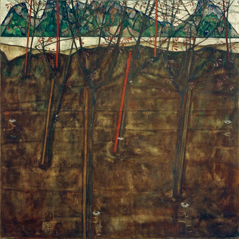 Dunkle Bäume mit roten Pfählen in einem Garten vor grünen Hügeln – Egon Schiele Vorfrühlingslandschaft Kunstkopie