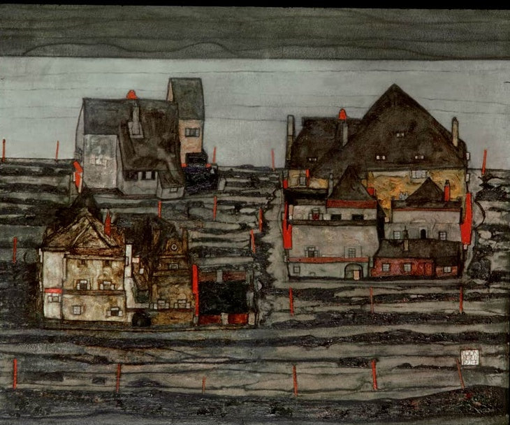 Graue Häuser einer Vorstadt zwischen dunklen, gewellten Streifen unter hellem Himmel – Egon Schiele Vorstadt I Kunstkopie