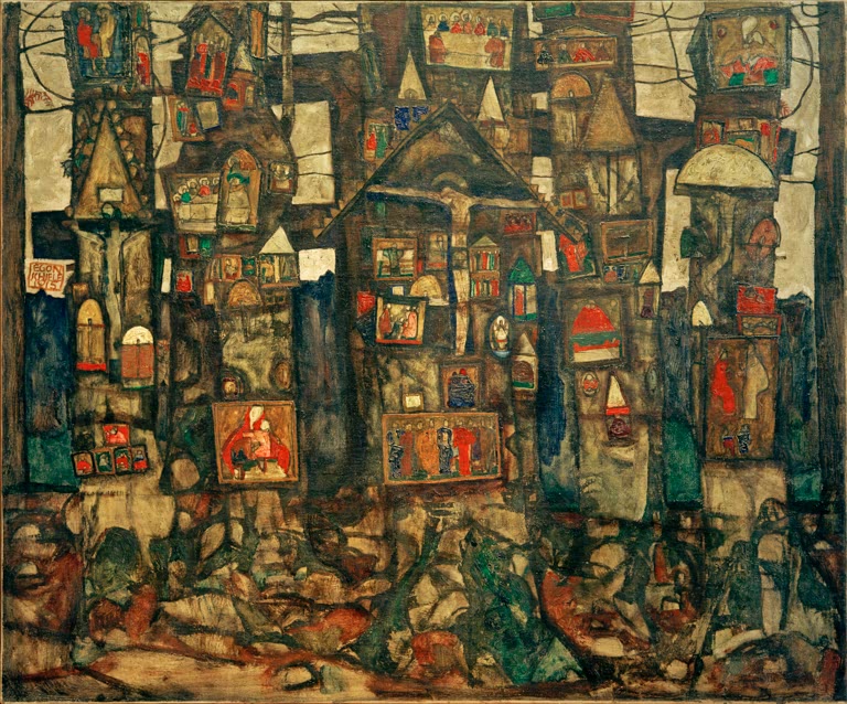 Dichtes Gewirr aus Waldbäumen und Heiligenbildern in dunklen Tönen – Egon Schiele Waldandacht Kunstkopie