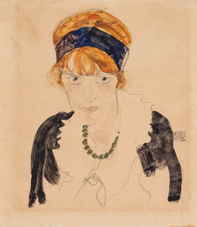 Frau mit orangefarbenem Haar, blauem Stirnband und Perlenkette im Halbporträt – Egon Schiele Wally Neuzil Kunstkopie