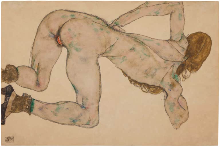 Kauernde Frau in blassen Hauttönen mit braunen Stiefeln – Egon Schiele Weiblicher Akt, nach vorne gebeugt Kunstkopie