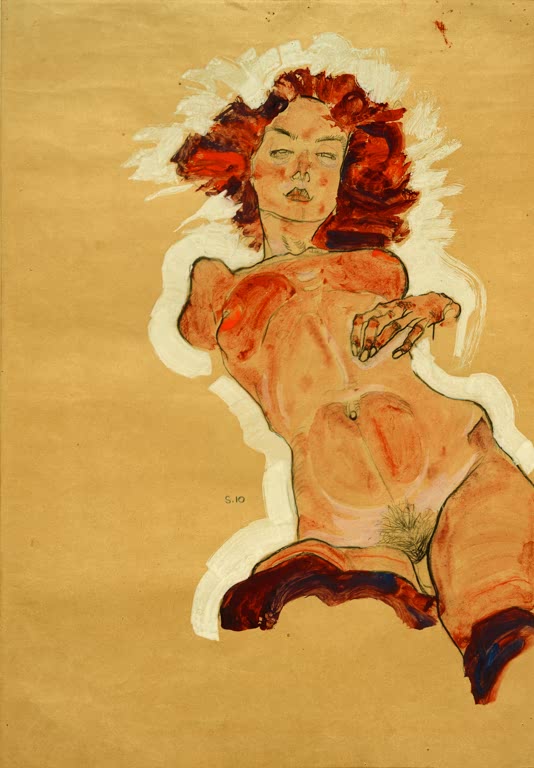 Rothaarige Frau schräg zurückgelehnt, hell umrandet auf braunem Papier – Egon Schiele Weiblicher Akt Kunstkopie