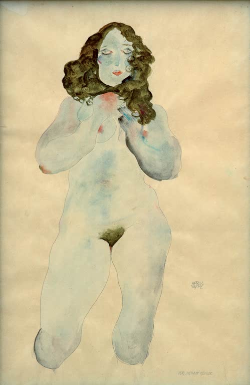 Hellblau getönte weibliche Gestalt mit lockigem dunklem Haar – Egon Schiele Weiblicher Akt Kunstkopie