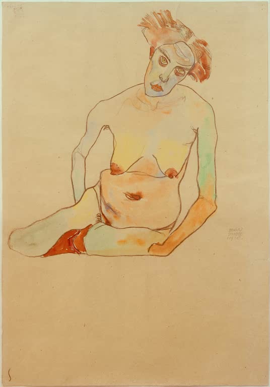 Sitzende Frau mit hochgesteckten Haaren, zart in Gelb und Grün getönt – Egon Schiele Weiblicher Akt Kunstkopie