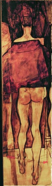 Rückenakt einer Frau mit rotem Schultertuch vor dunklem Raum – Egon Schiele Weiblicher Rückenakt mit Schultertuch Kunstkopie