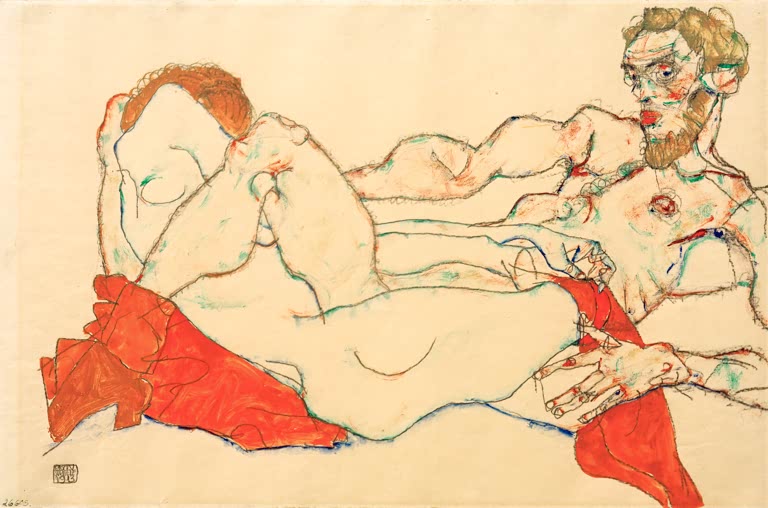 Frau und Mann eng nebeneinander liegend, daneben rotes Tuch – Egon Schiele Weiblicher und männlicher Akt Kunstkopie