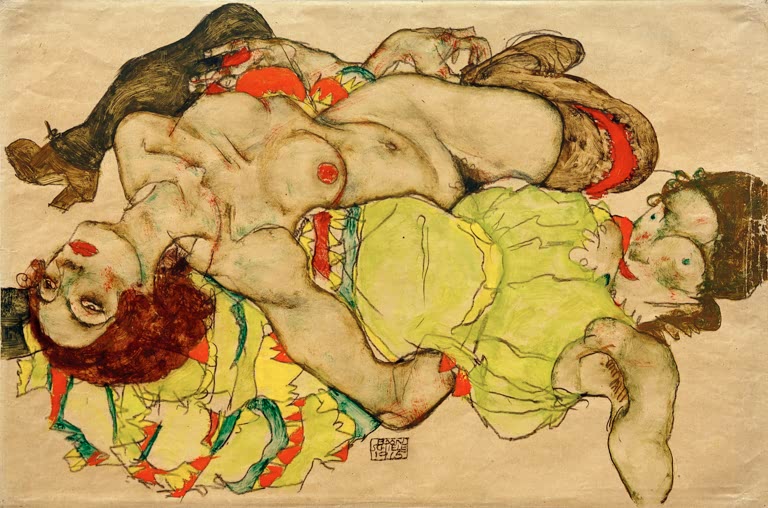 Zwei ineinander verschlungene Frauen in gelbgrünen Kleidern und Strümpfen – Egon Schiele Weibliches Liebespaar Kunstkopie