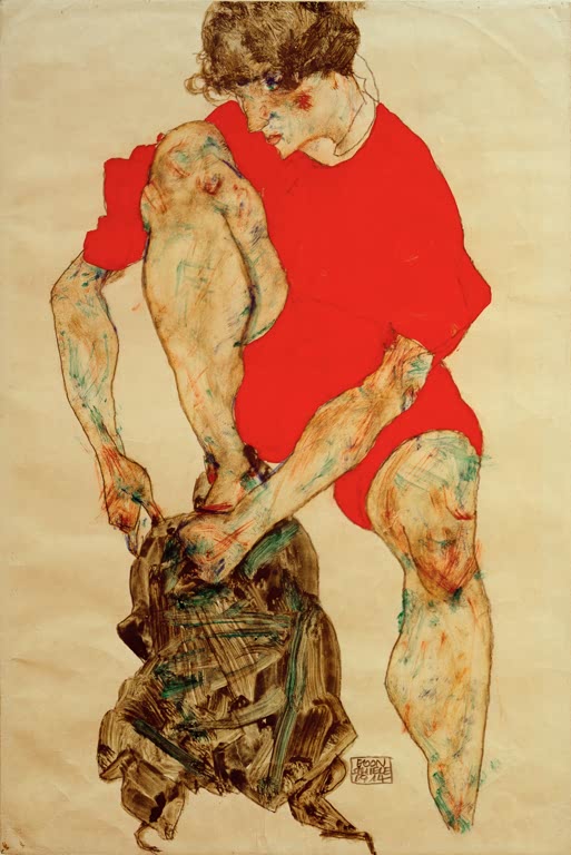 Sitzende Frau im roten Gewand, die einen Strumpf anzieht – Egon Schiele Weibliches Modell in rotem Gewand Kunstkopie