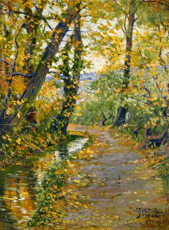 Herbstlicher Weg am Bach unter gelb belaubten Bäumen – Egon Schiele Weidlingbach Kunstkopie