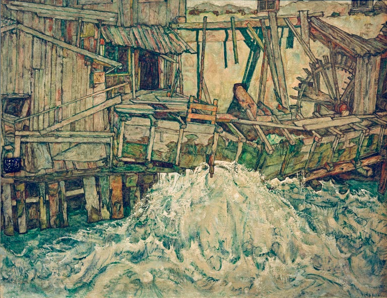 Verfallende Mühle mit Wasserrad und weißem schäumendem Wasser – Egon Schiele Zerfallende Mühle Kunstkopie