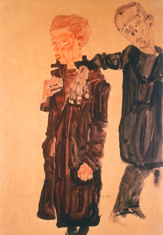 Zwei Straßenjungen in dunklen Mänteln auf orangerotem Grund – Egon Schiele Zwei Buben Kunstkopie
